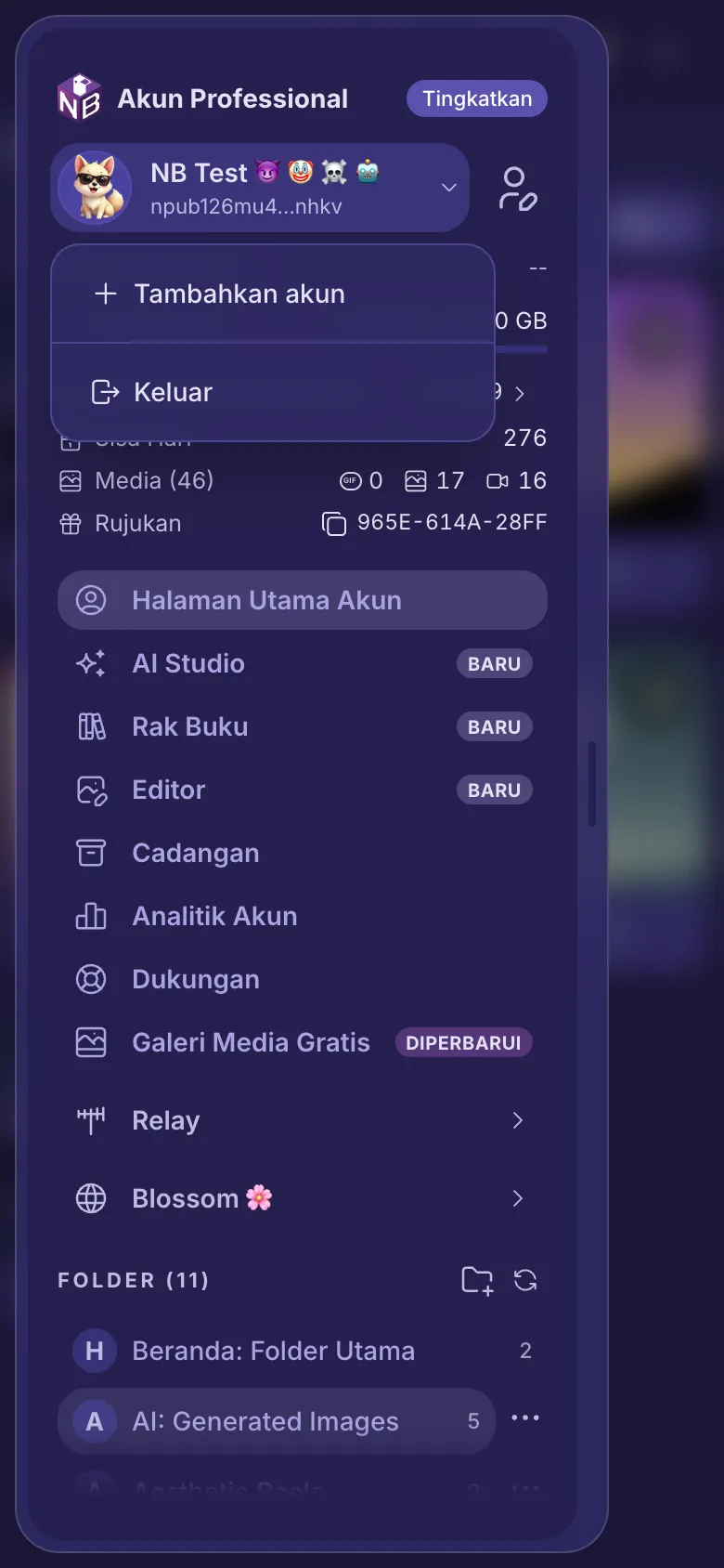 Menu akun terbuka di bawah nama Anda, dengan akun lain, Tambahkan akun, dan Keluar.