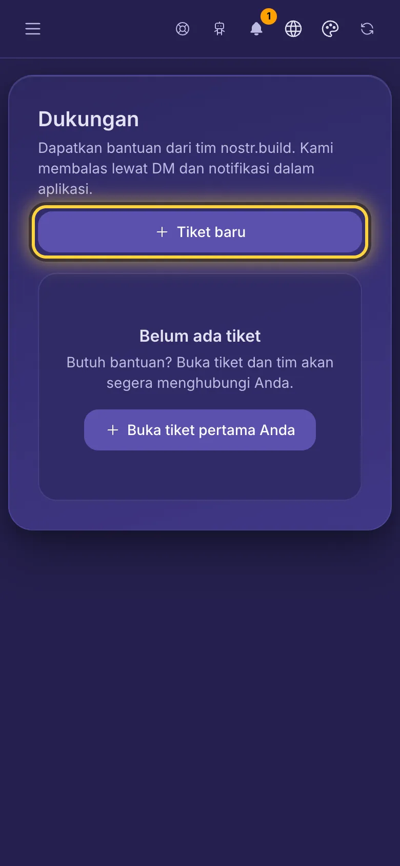 Halaman dukungan, belum ada tiket.