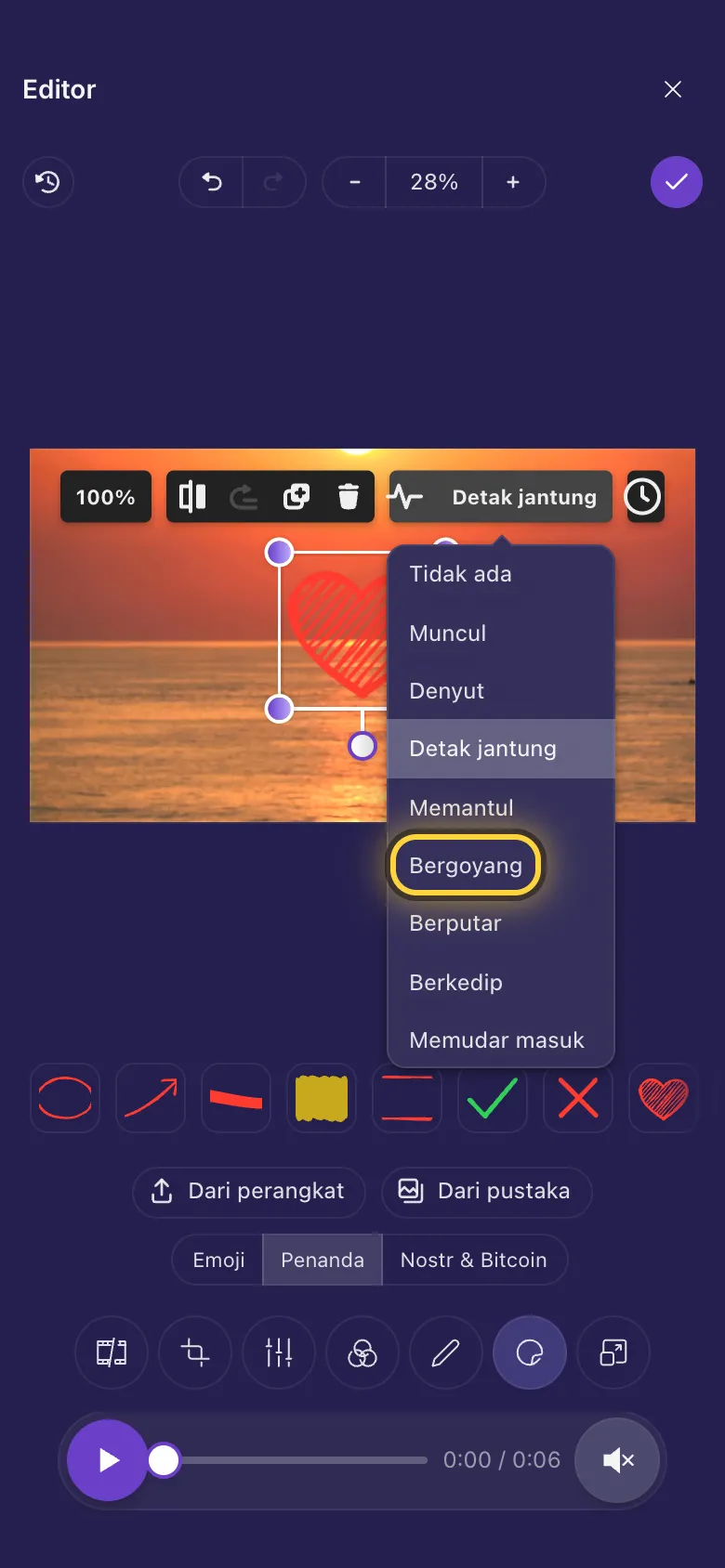 Daftar Animasi terbuka di atas stiker hati, dengan Bergoyang dilingkari
