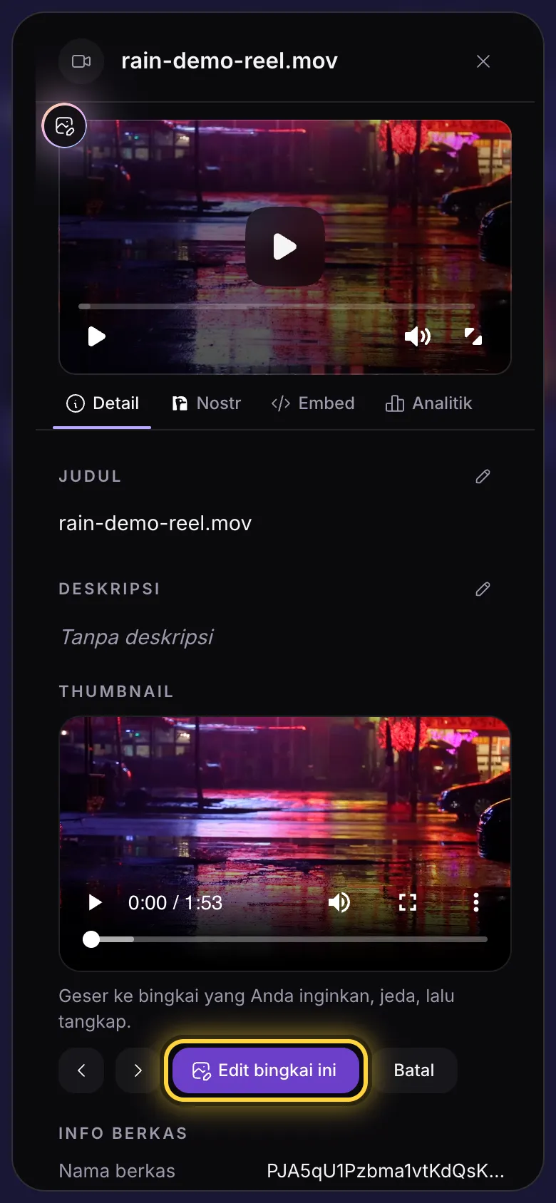 Detail video dengan Edit frame ini dilingkari di bagian Thumbnail