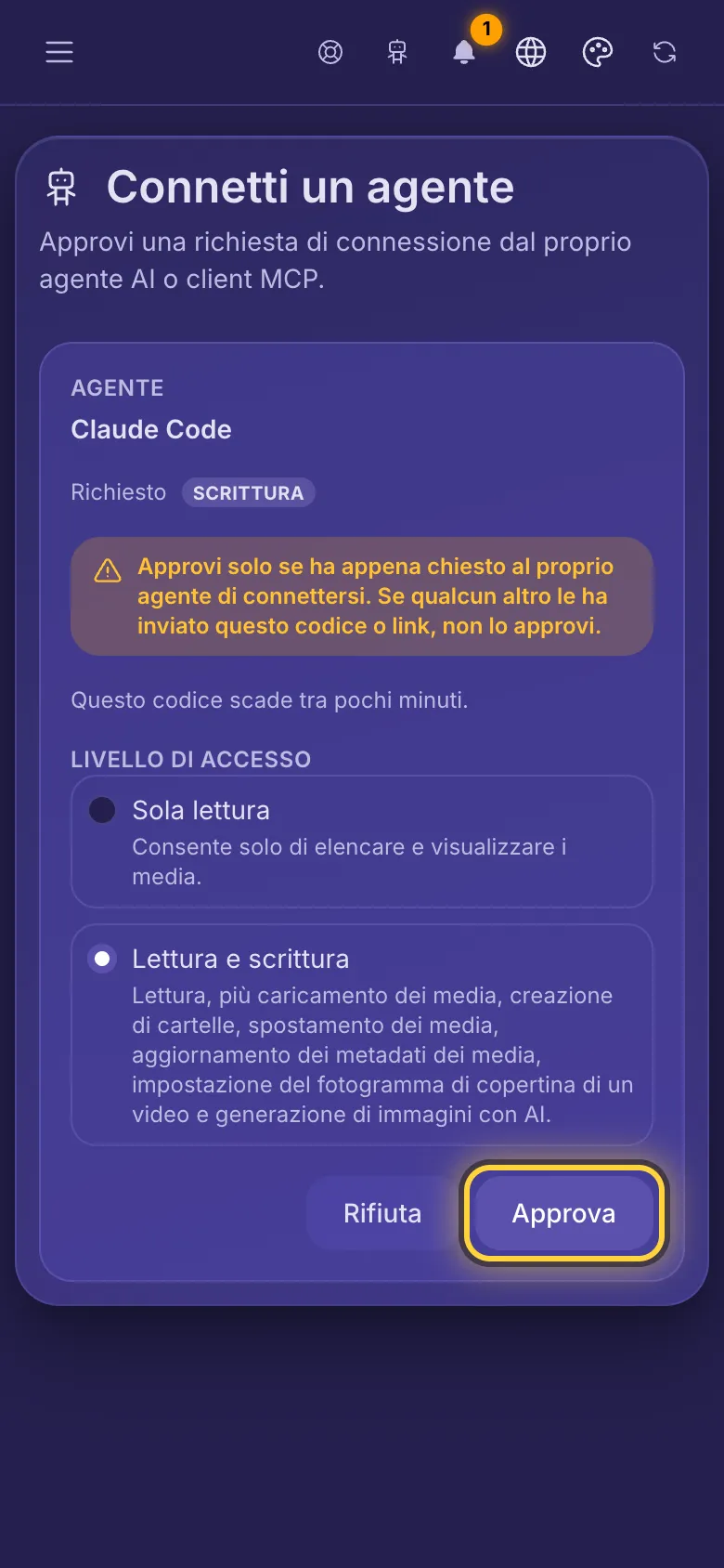 Connetti un agente: il nome dell'agente, l'accesso che chiede e un avviso di approvare solo il tuo agente.