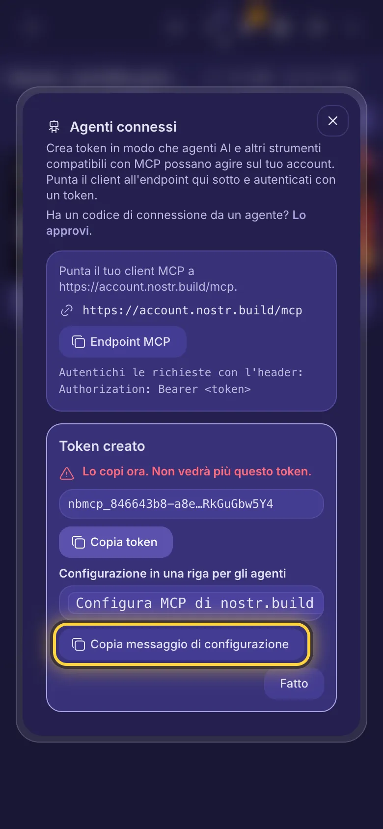 Token creato: il token, un pulsante per copiare e il messaggio di configurazione di una riga.