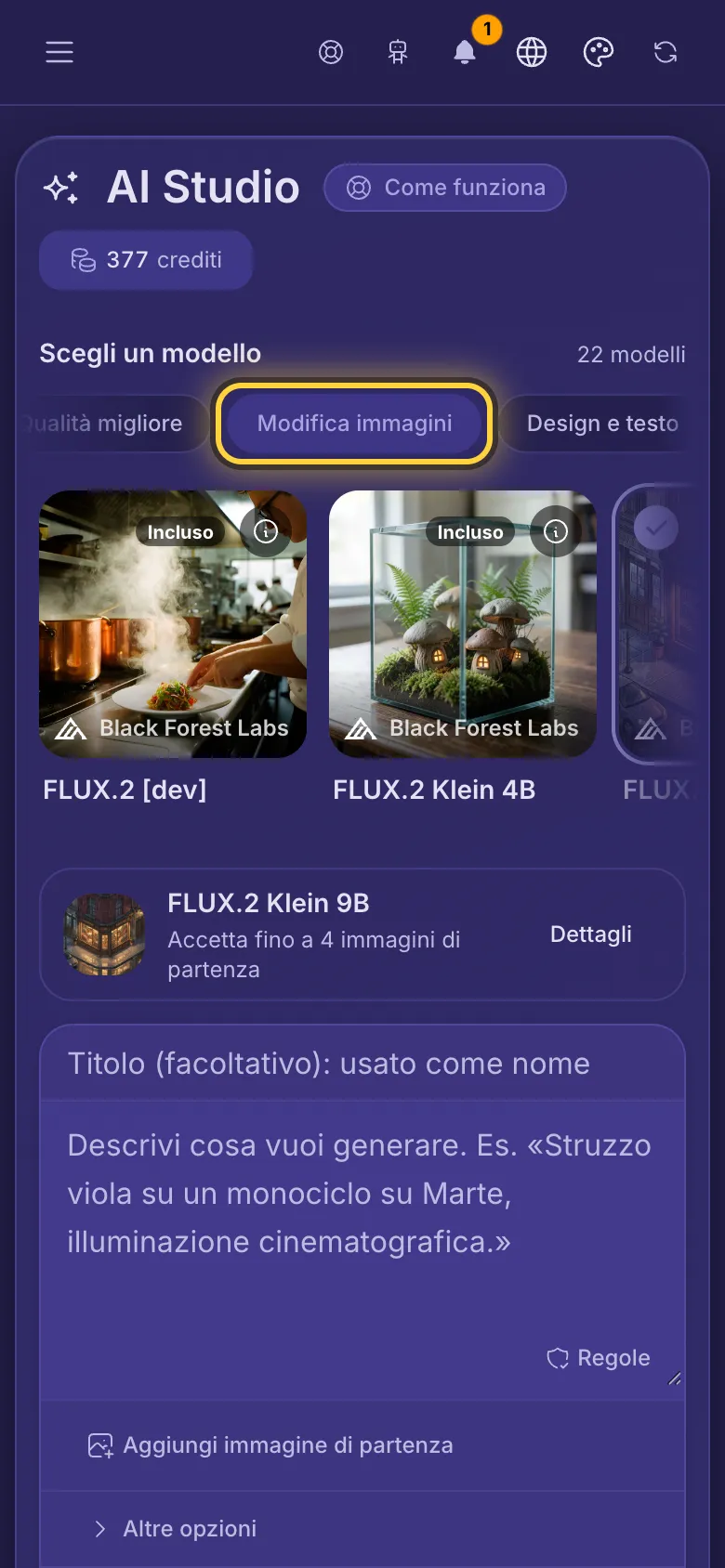 Il filtro Modifica immagini è attivo, e le schede mostrano i modelli che possono cambiare un'immagine, ognuno con il suo prezzo.