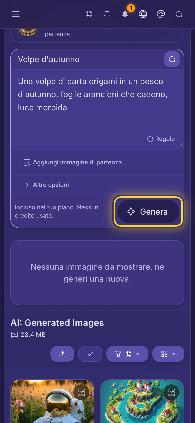 Un prompt scritto nella casella, la riga del prezzo e il pulsante Genera.