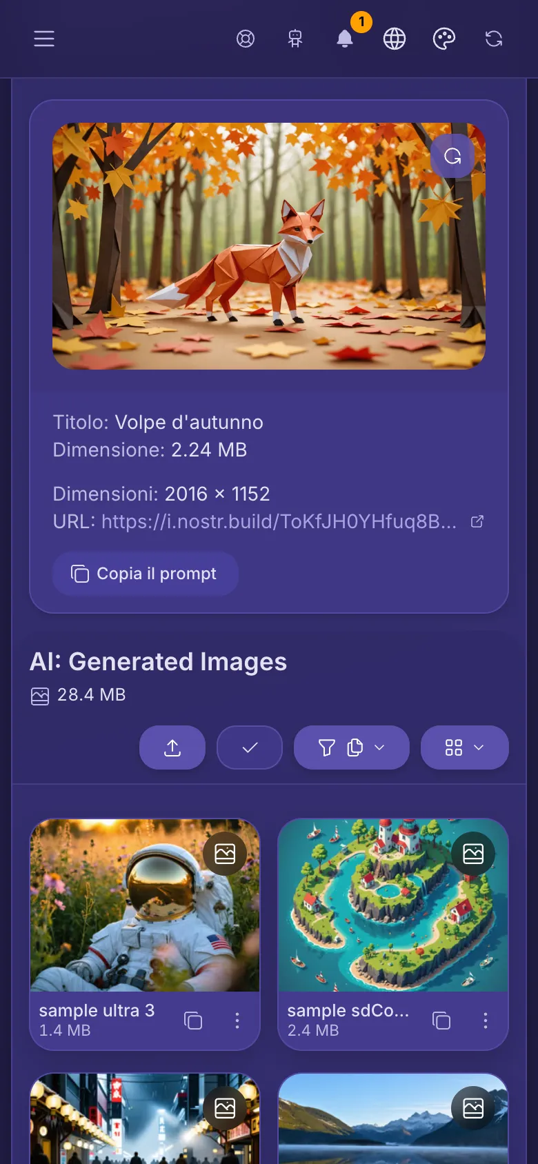 Un'immagine finita sotto la casella del prompt, con titolo, dimensione e link, e un pulsante Copia il prompt.