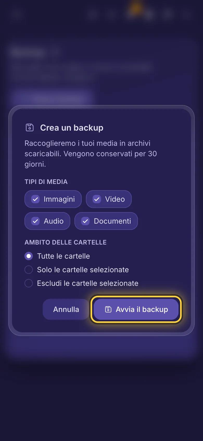 Crea un backup: i tipi di media da includere e quali cartelle.