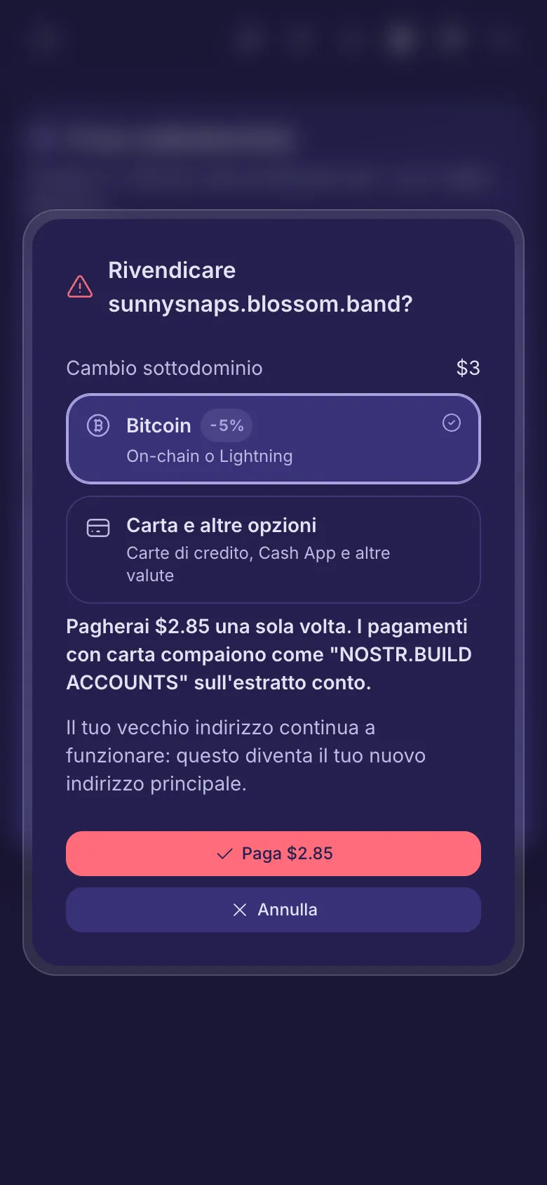 La domanda prima di una rivendicazione a pagamento, con il costo e la scelta del metodo di pagamento.