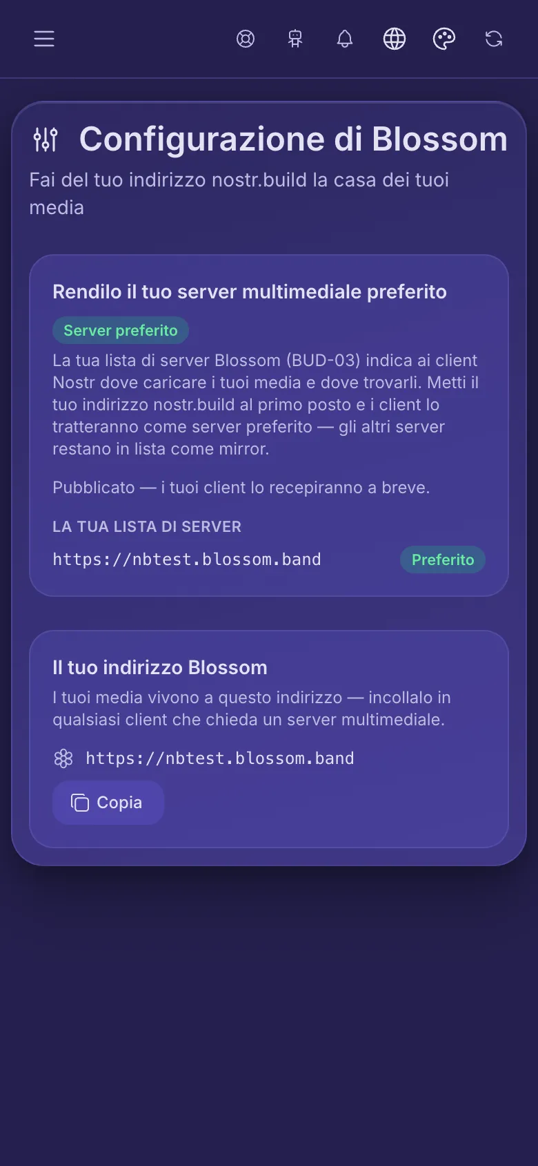 Configurazione Blossom: la tua lista di server con il tuo indirizzo segnato come preferito, e il tuo indirizzo Blossom da copiare.