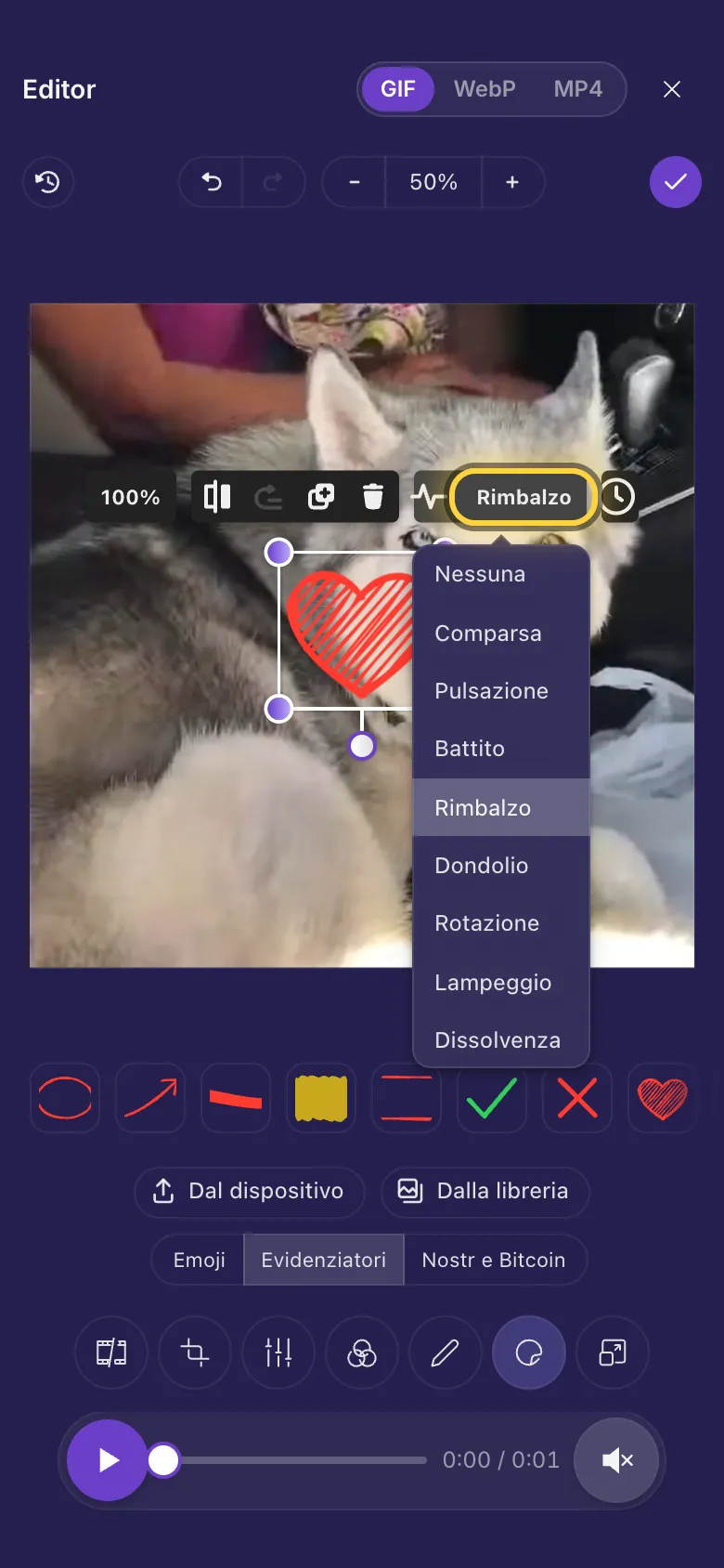 Uno sticker a forma di cuore sul cane, con il menu delle animazioni aperto