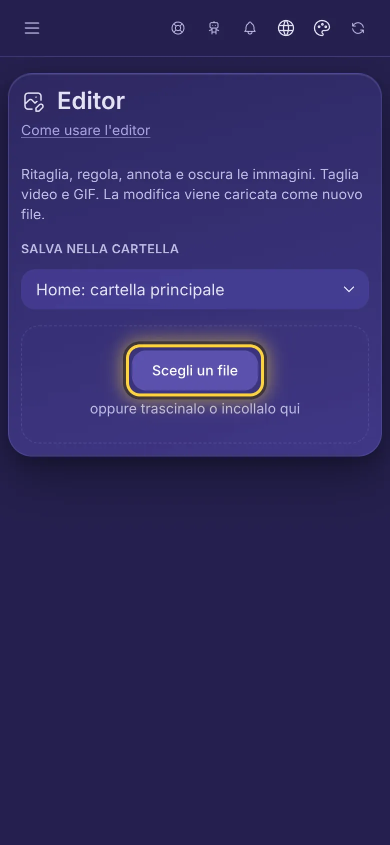 La pagina Editor con il pulsante Scegli un file cerchiato