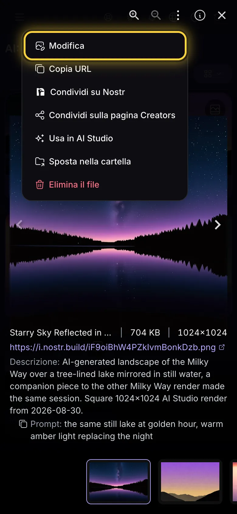 Il visualizzatore a schermo intero con il menu aperto e Modifica cerchiato