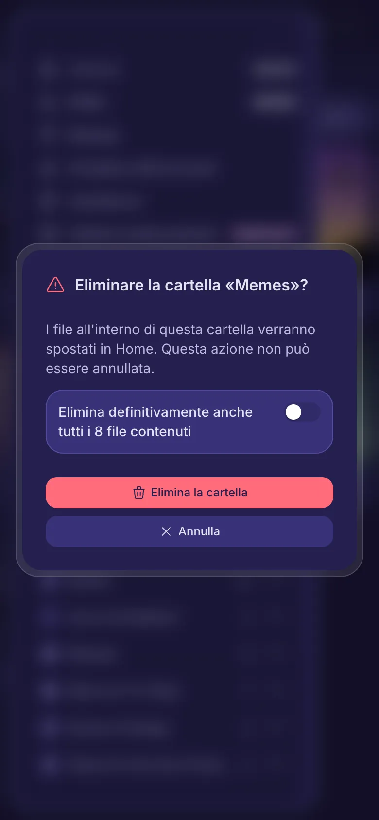 La domanda prima di eliminare una cartella, con un interruttore per eliminare anche i suoi file.