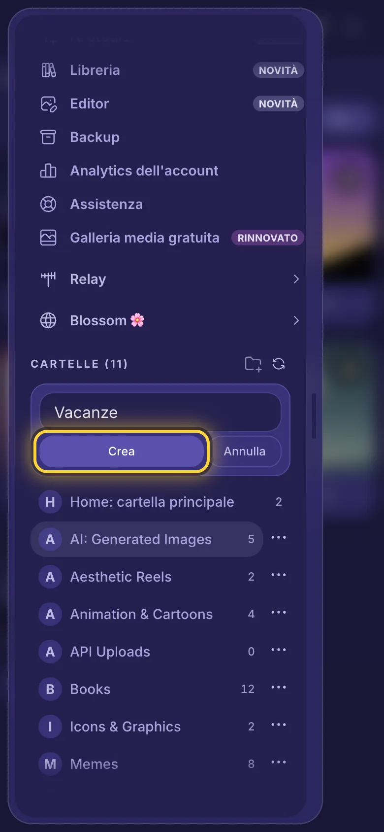 Il menu scorso fino alle cartelle, con il nome di una nuova cartella scritto e il pulsante Crea cerchiato.