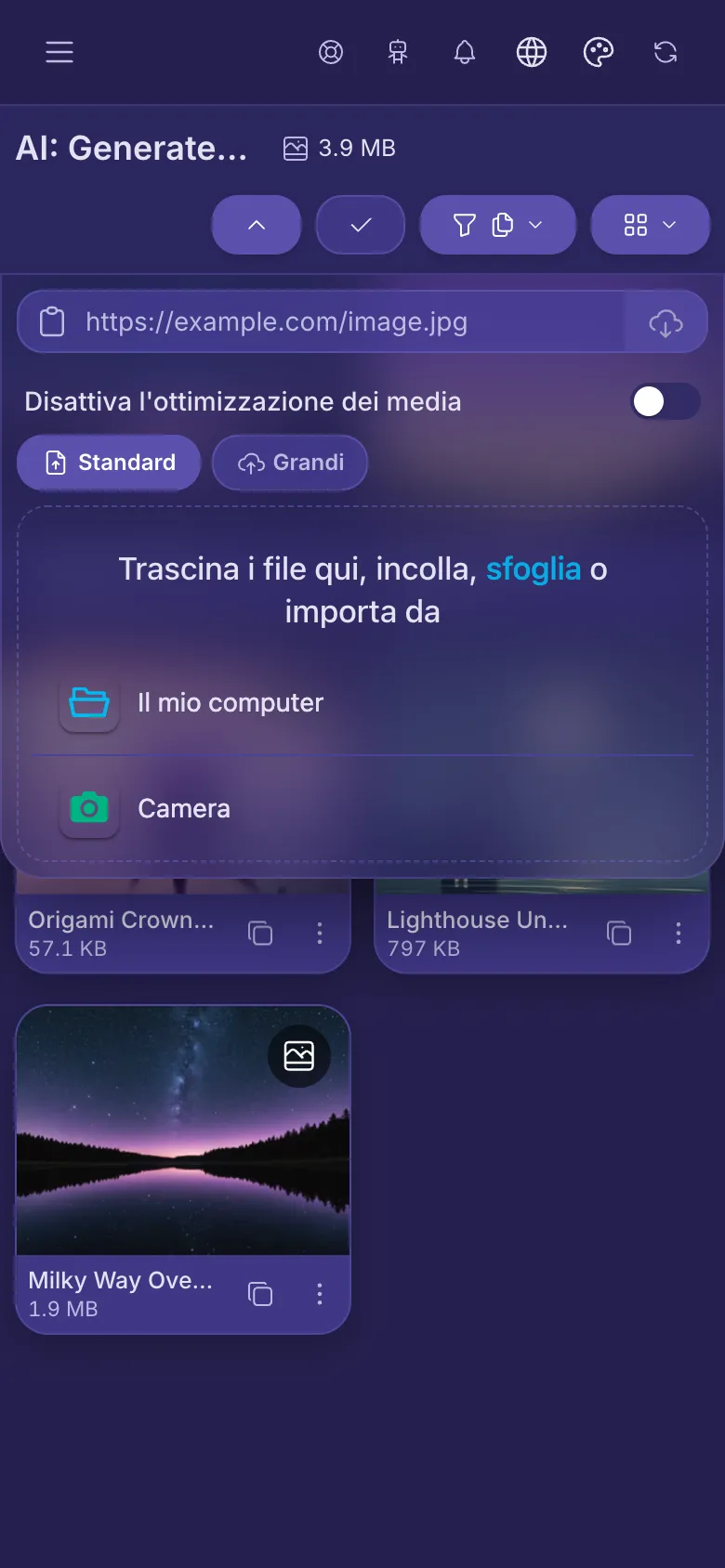 Il pannello di caricamento aperto sotto i pulsanti, con uno spazio per scegliere i file e una casella per un link.