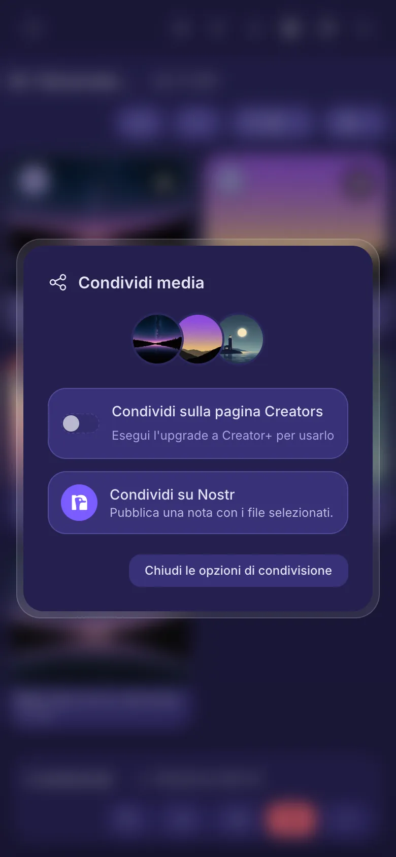 Le opzioni di condivisione per tre file: l'interruttore della pagina Creators e Condividi su Nostr.