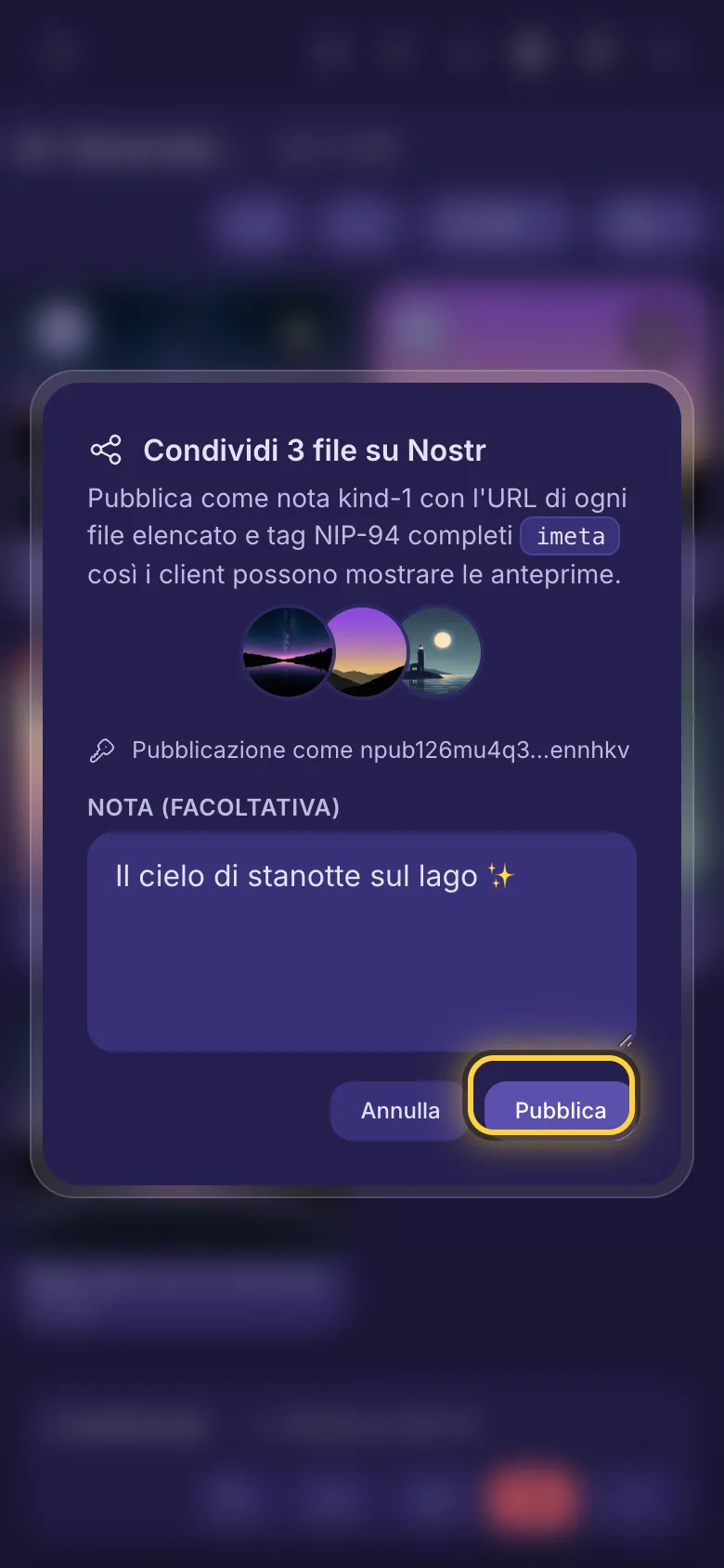 Condivisione di tre file su Nostr: il campo della nota e il pulsante Pubblica.