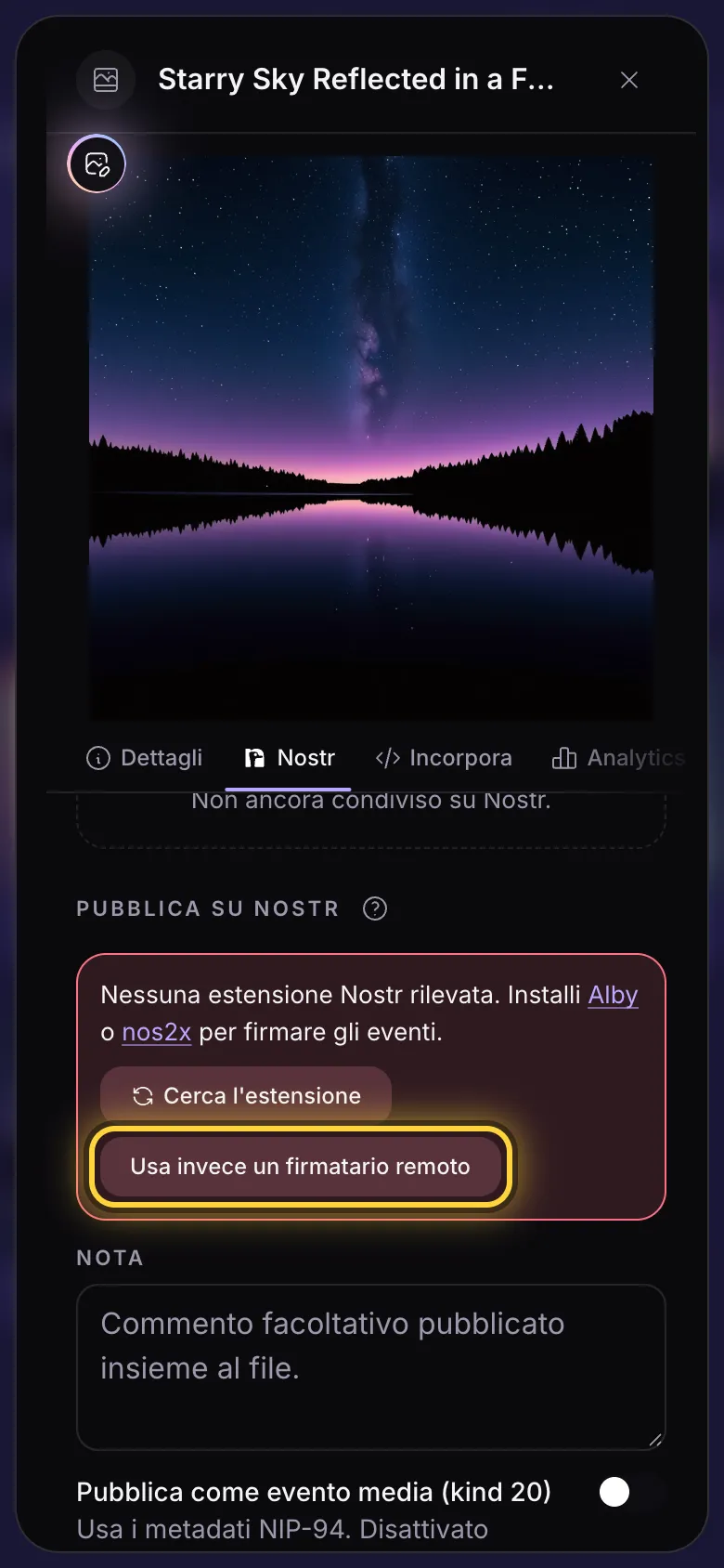 La scheda Nostr senza firmatario: un avviso con i link ad Alby e nos2x e il pulsante del firmatario remoto.