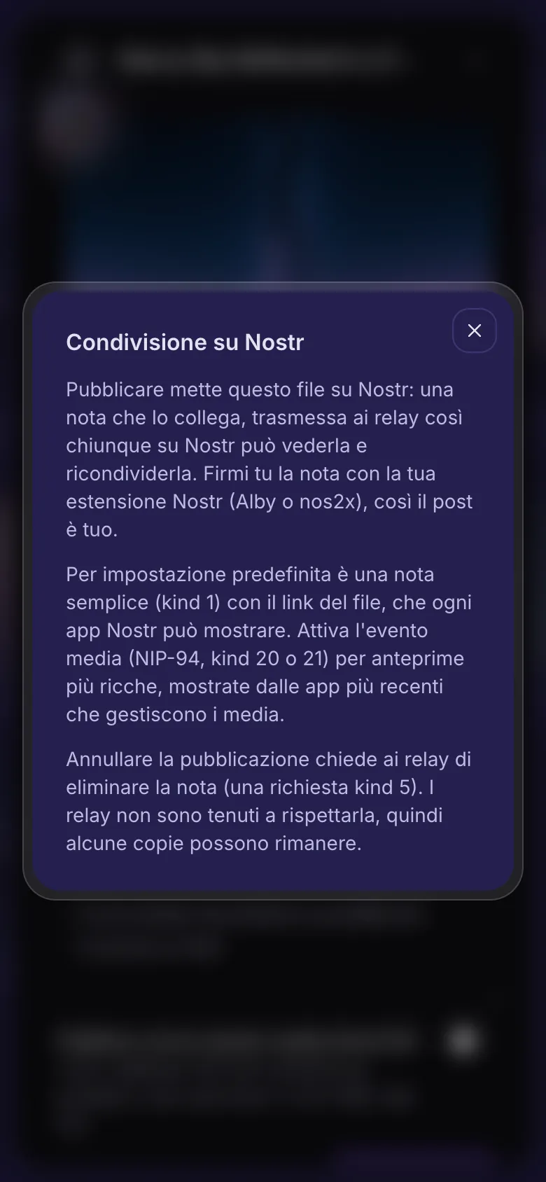 La spiegazione che si apre dal punto interrogativo accanto a Pubblica su Nostr.