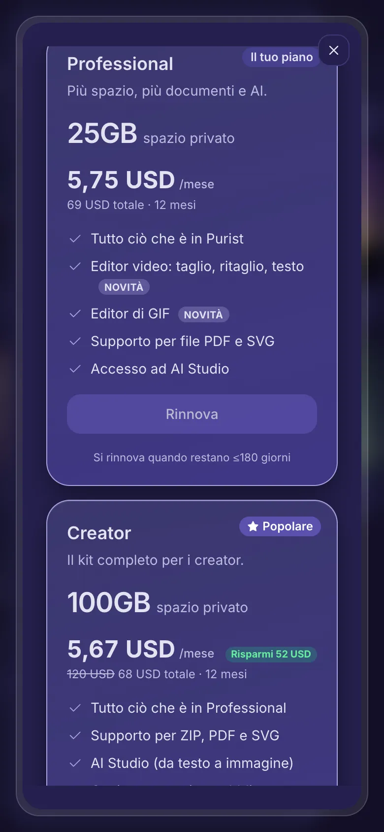 Upgrade o rinnovo: il tuo piano attuale con Rinnova, e i piani più grandi con Upgrade.