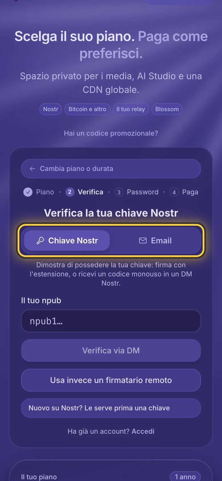 La registrazione: la scelta tra una chiave Nostr e un indirizzo email, cerchiata.