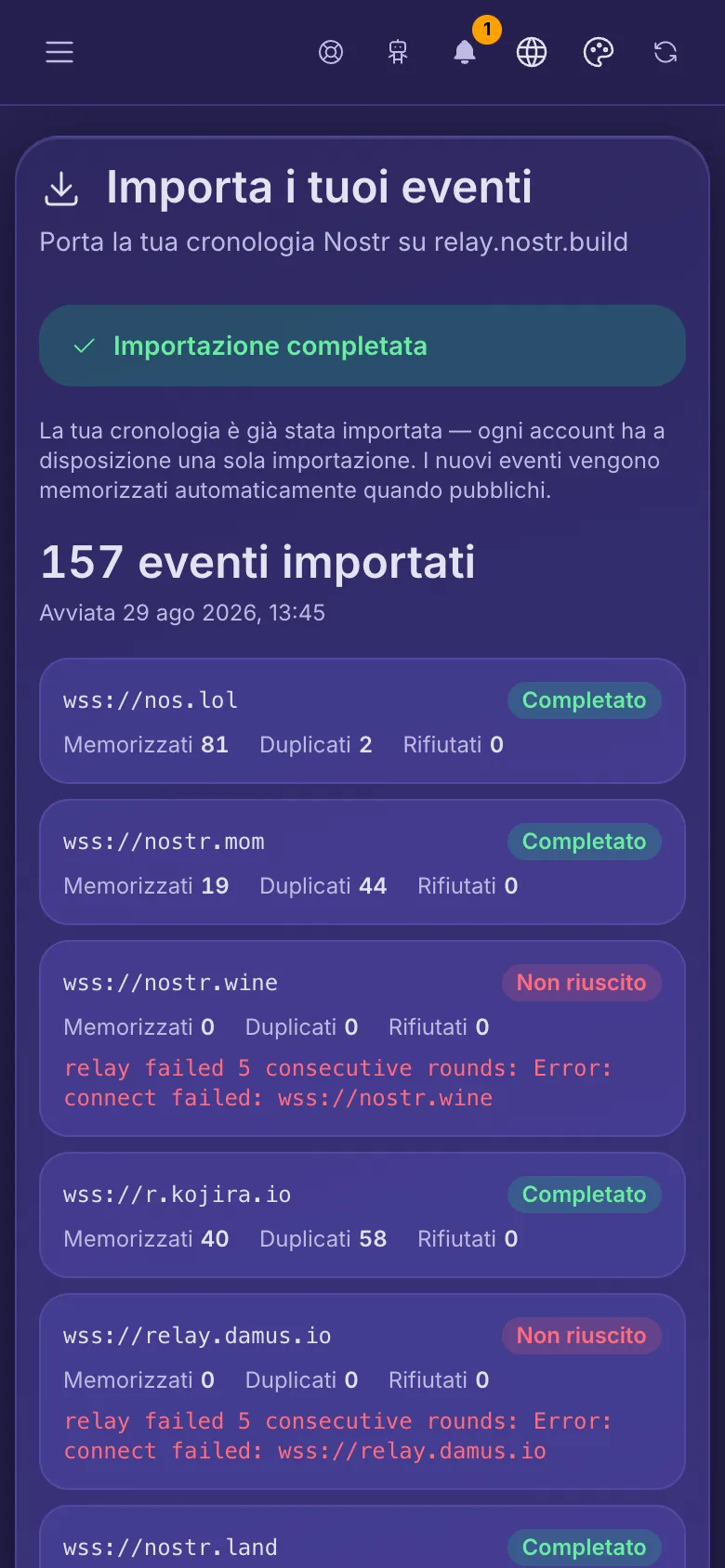 Importa i tuoi eventi: un'importazione completata con una riga per ogni relay da cui ha copiato.