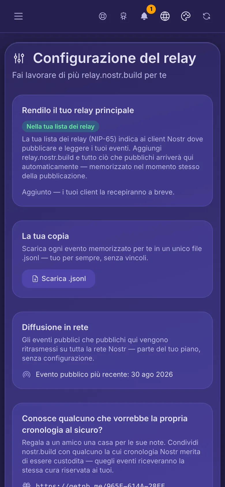 Configurazione del relay: il relay già nella lista dei relay, una copia da scaricare e la diffusione in rete.