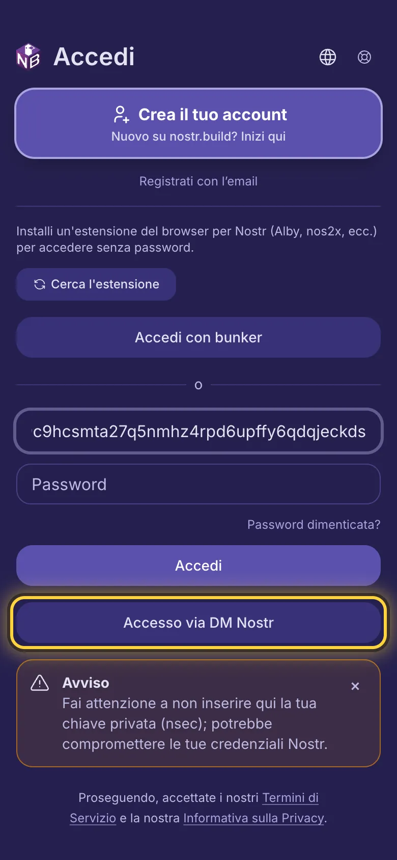 Una npub scritta nella prima casella e il pulsante Accesso via DM Nostr cerchiato.