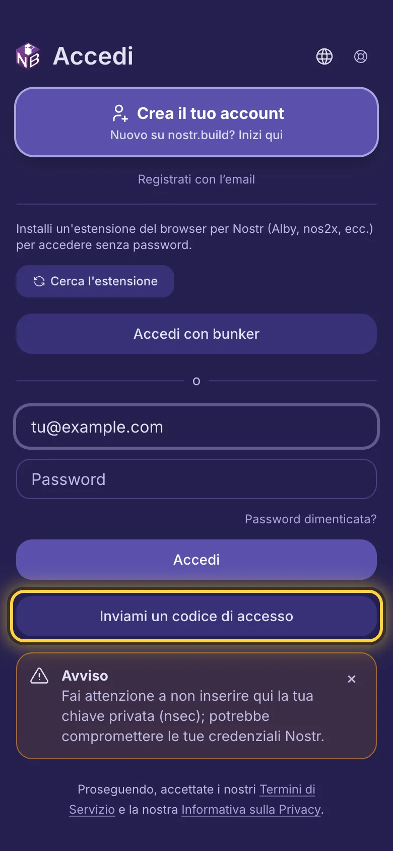 Un indirizzo email scritto nella prima casella e il pulsante Inviami un codice di accesso cerchiato.