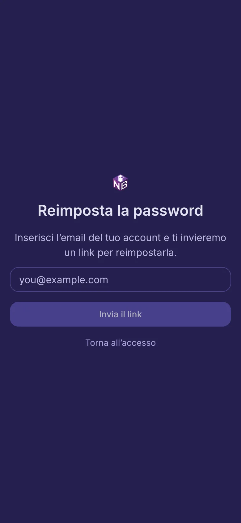 La pagina Reimposta la password con una casella per la tua email.