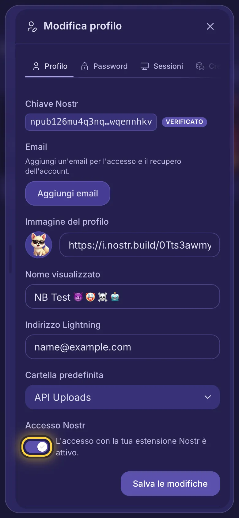 Modifica profilo, con l'interruttore Accesso Nostr e Salva le modifiche.