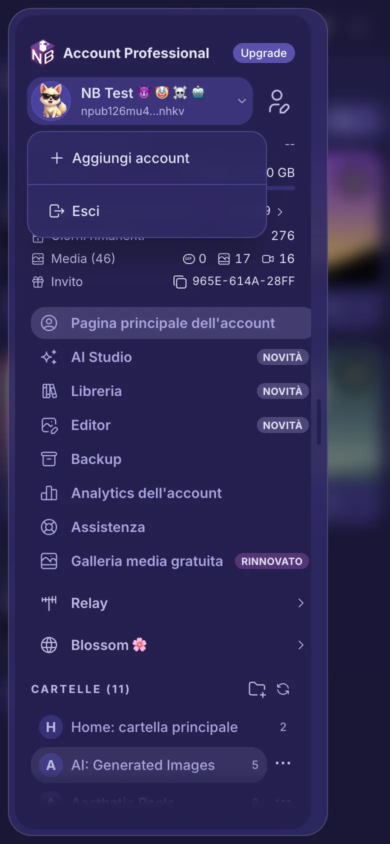 Il menu dell'account aperto sotto il tuo nome, con gli altri account, Aggiungi account ed Esci.