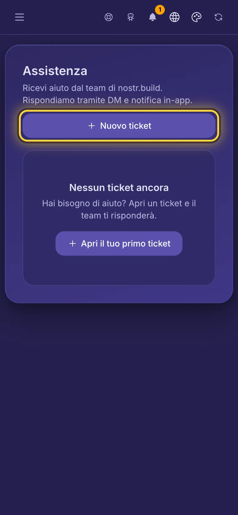 La pagina di assistenza, ancora senza ticket.