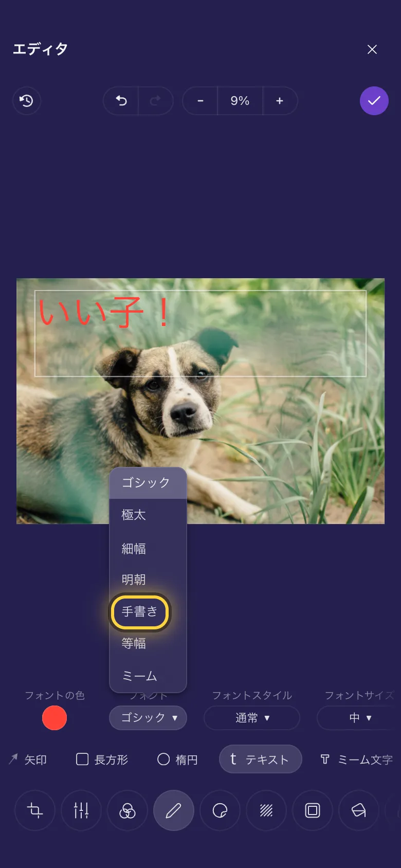 犬の写真に入れた文字と、開いたフォントの一覧
