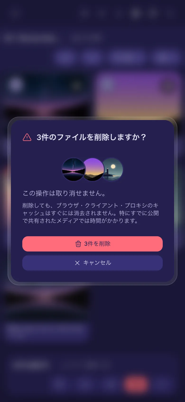 3つのファイルを削除する前の確認。