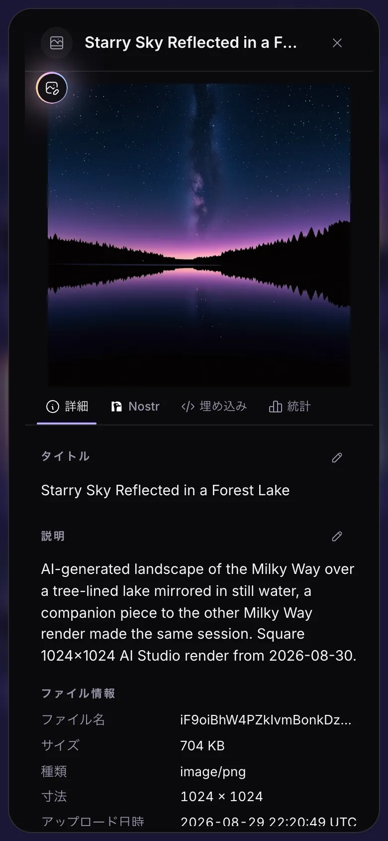 ファイルの詳細。画像、タブ、タイトルと説明が表示されています。