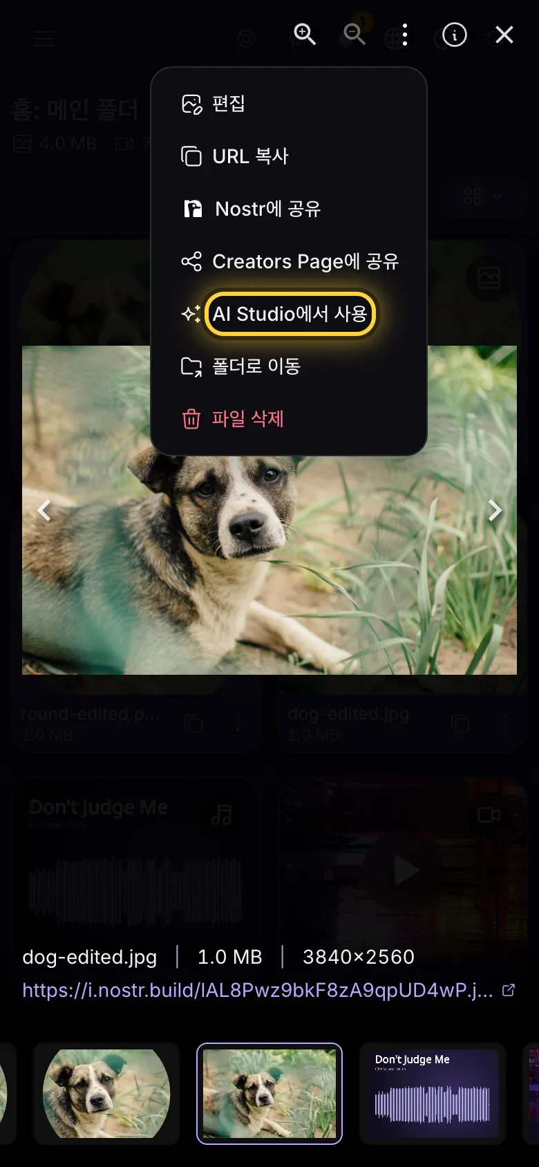 전체 화면으로 연 이미지. 작업 메뉴가 열려 있고 AI Studio에서 사용 항목이 표시되어 있습니다.