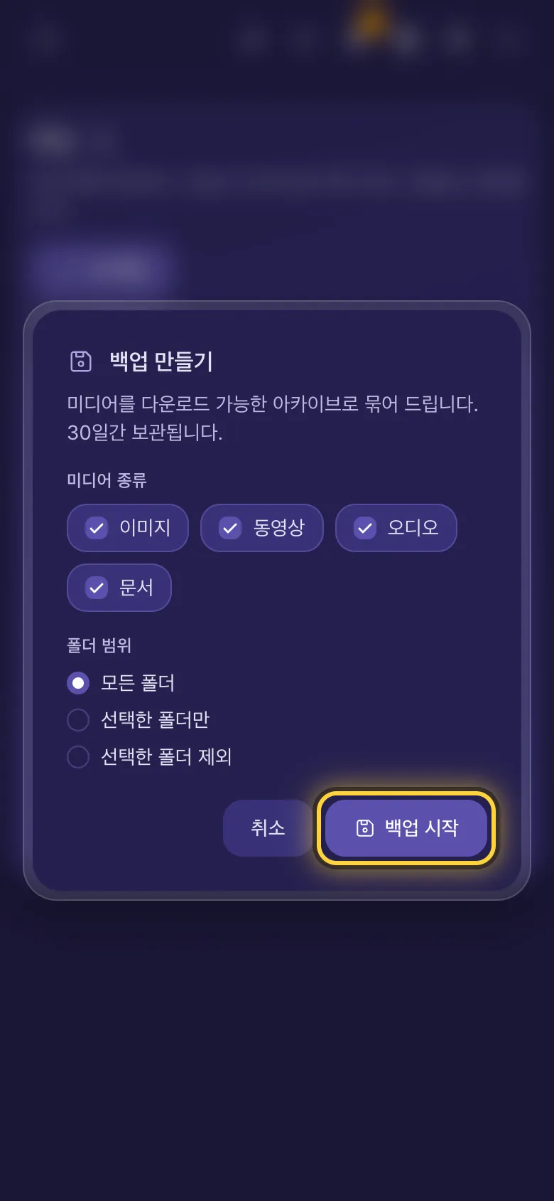 백업 만들기: 포함할 미디어 종류와 폴더.