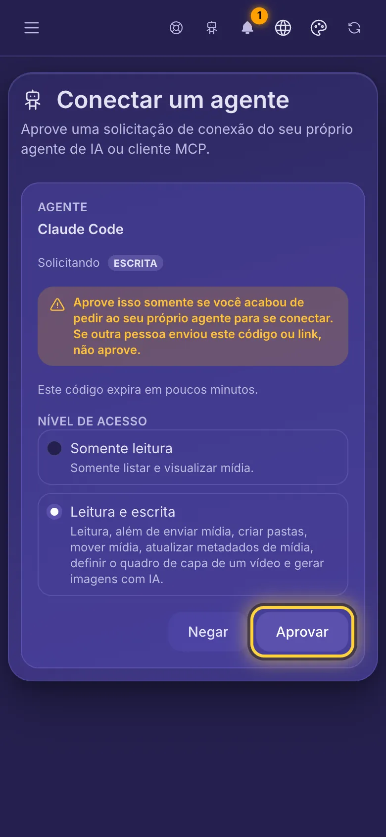 Conectar um agente: o nome do agente, o acesso que ele pede e um aviso para aprovar só o seu próprio agente.