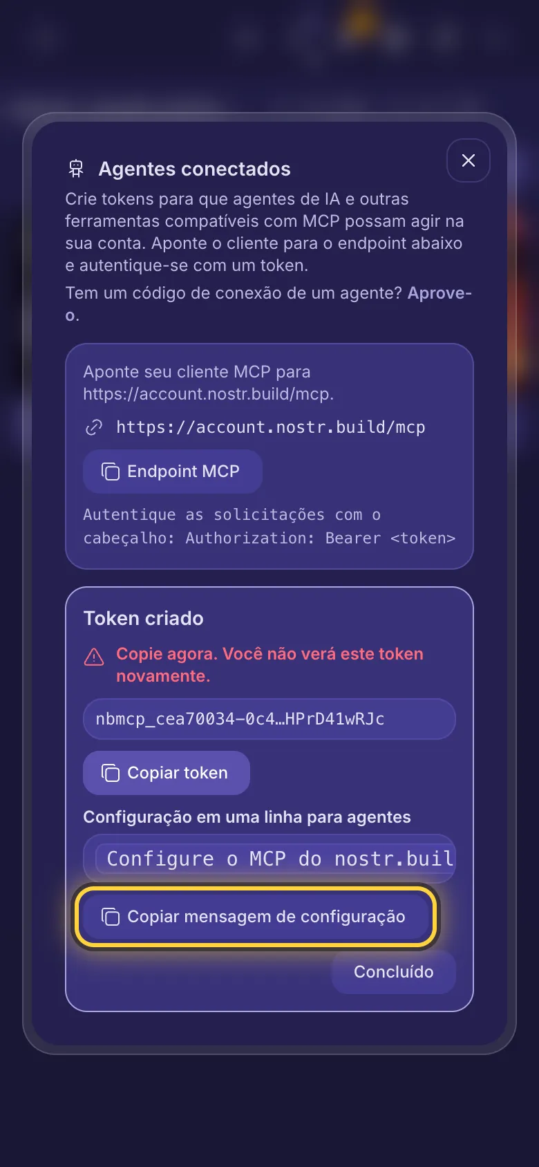 Token criado: o token, um botão de copiar e a mensagem de configuração de uma linha.