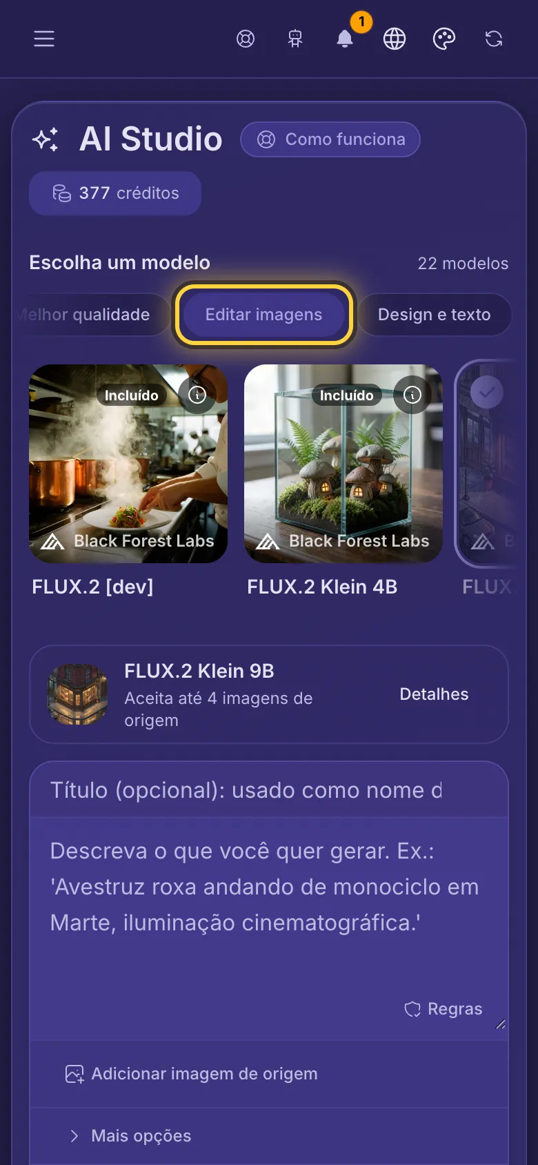 O filtro Editar imagens está ativo, e os cartões mostram os modelos que podem mudar uma imagem, cada um com seu preço.