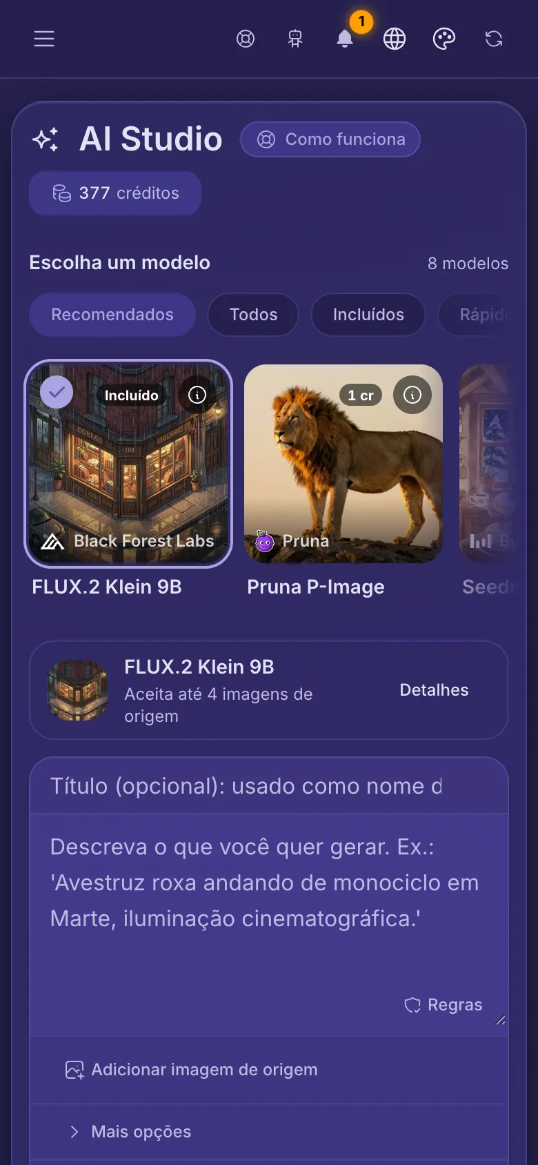 O AI Studio em um celular: os modelos no alto, a caixa para o prompt e o botão Gerar.