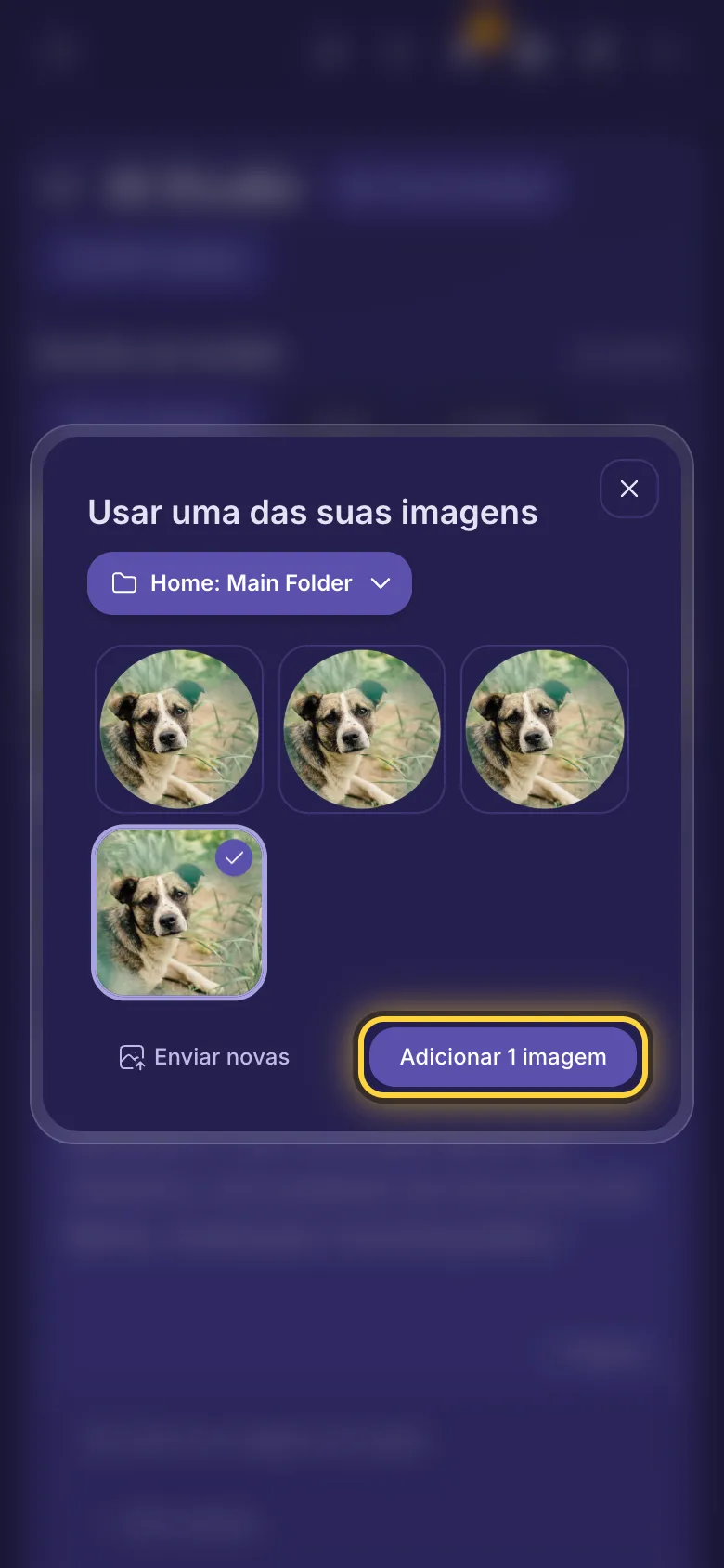 Usar uma das suas imagens: as imagens de uma pasta, o menu de pastas, Enviar novas e o botão de adicionar.