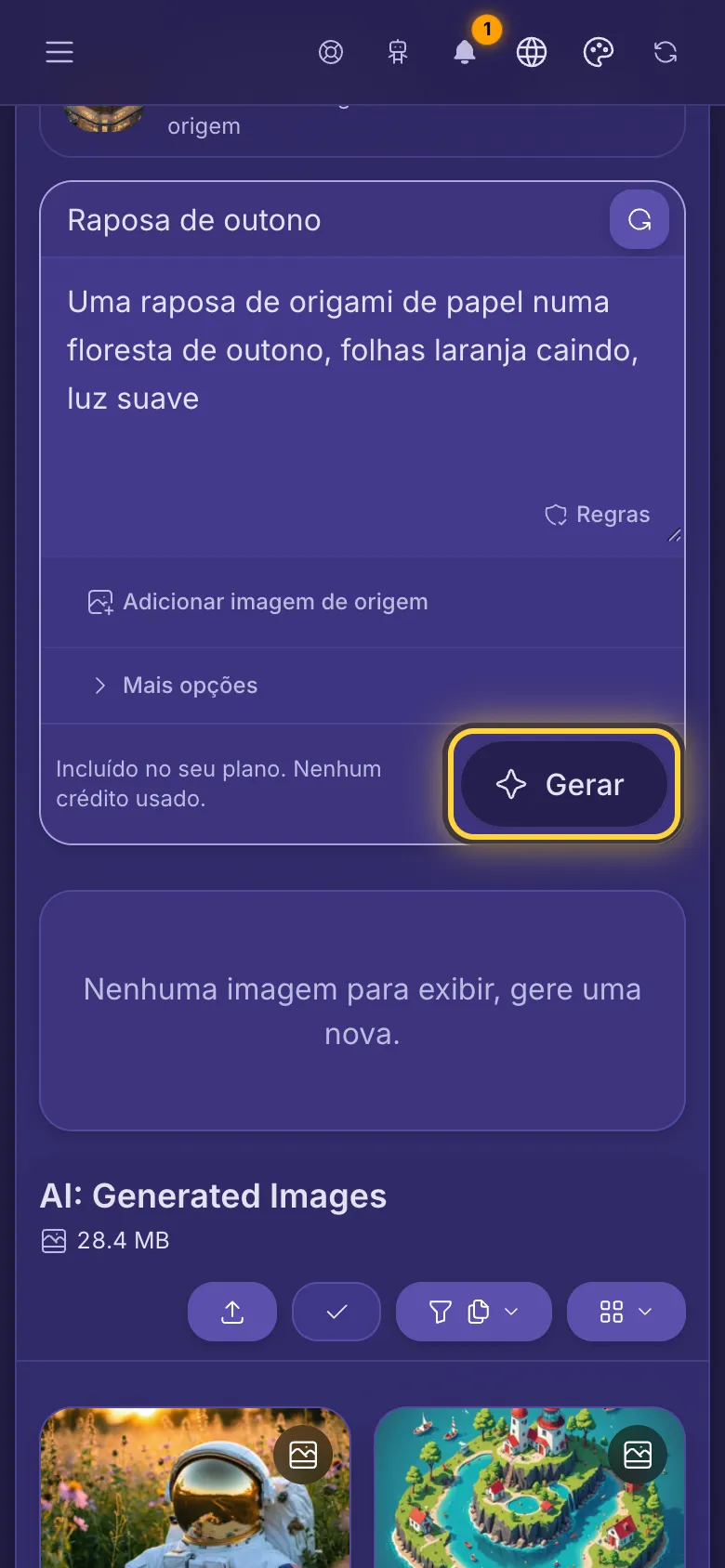 Um prompt digitado na caixa, a linha do preço e o botão Gerar.