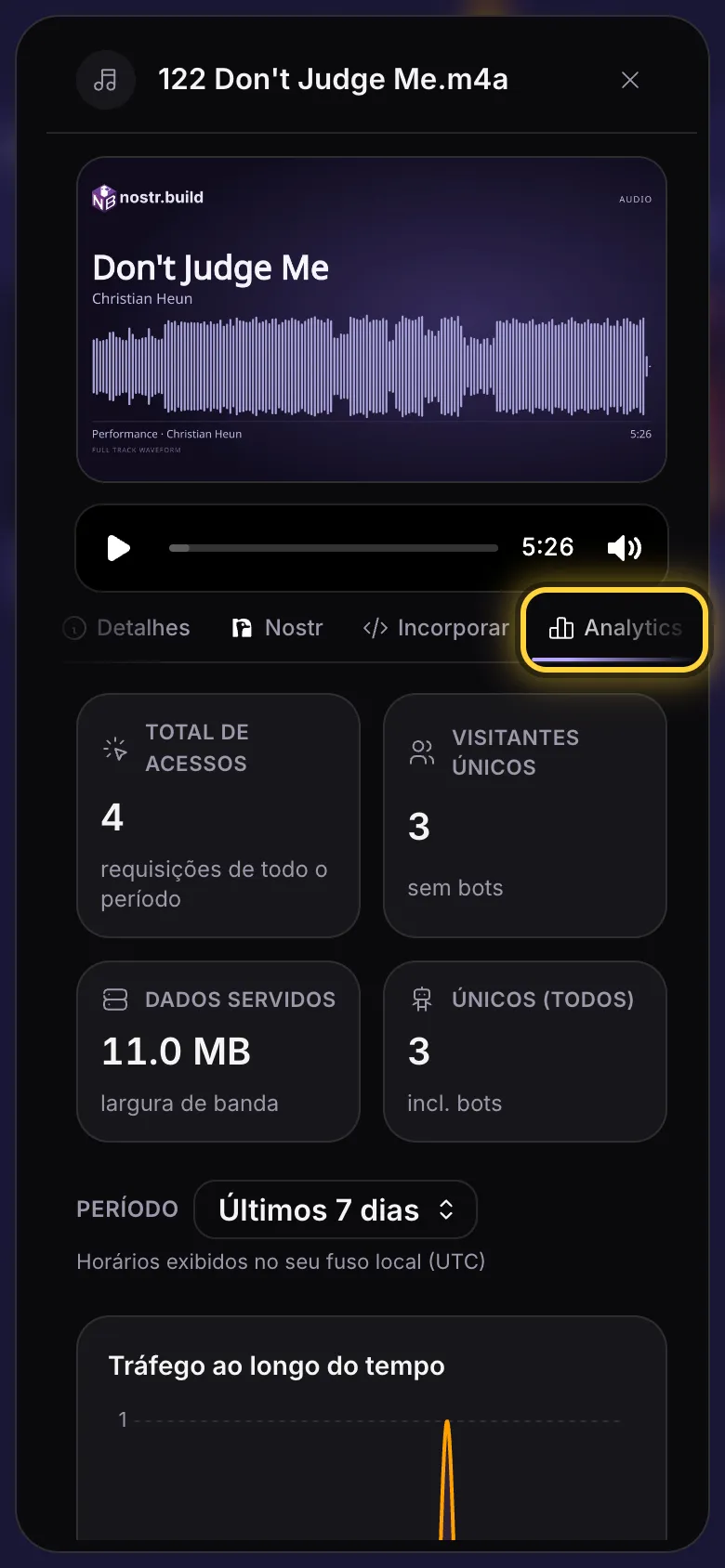 A aba Analytics de um arquivo: os totais, o período e o tráfego ao longo do tempo.