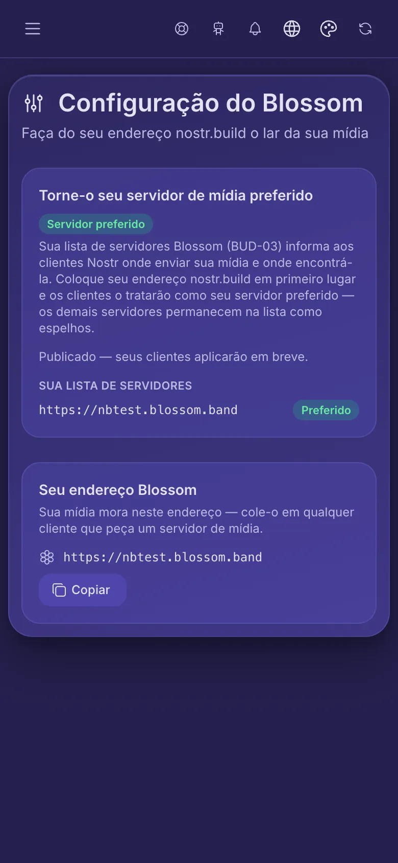 Configuração do Blossom: sua lista de servidores com seu endereço marcado como preferido, e seu endereço Blossom para copiar.