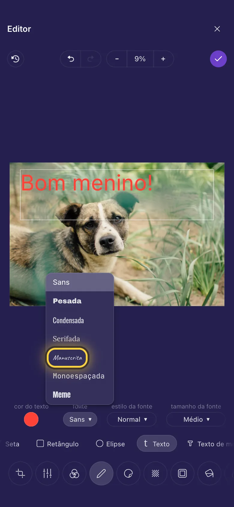 Palavras na foto de um cachorro, com a lista de fontes aberta