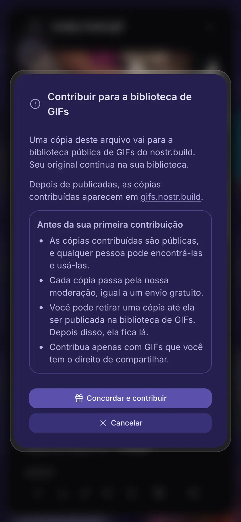 O que significa doar um GIF para a biblioteca, antes de concordar
