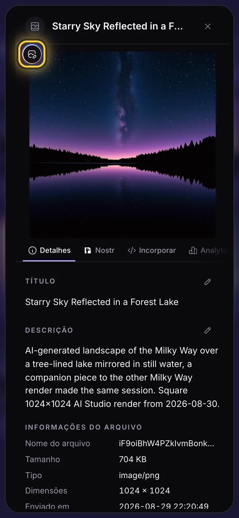 Os detalhes de uma imagem com o botão redondo Editar circulado