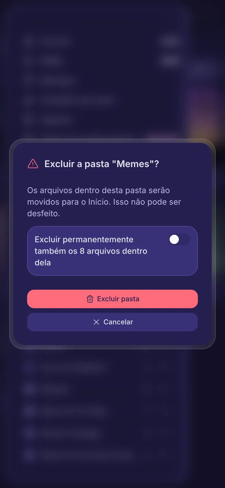 A pergunta antes de excluir uma pasta, com uma chave para excluir também os arquivos dela.