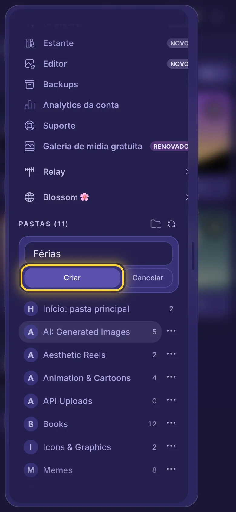 O menu rolado até as pastas, com o nome de uma pasta nova digitado e o botão Criar circulado.